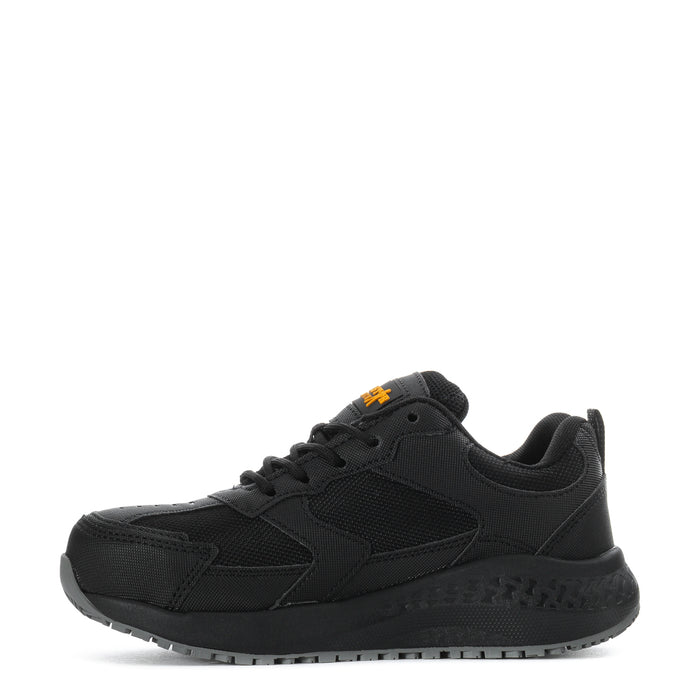 Black lace-up work sneaker with textured side panels and low-profile rubber sole