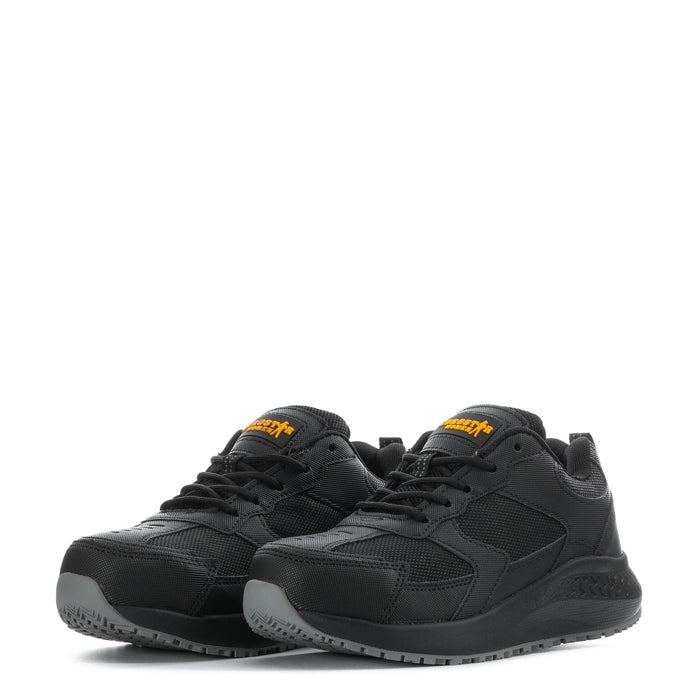 Pair of black lace-up work sneakers with padded collars and durable tread outsoles