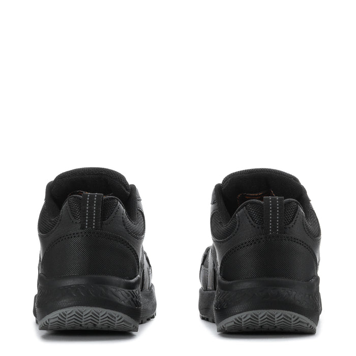 Black back view of lace-up work sneakers with padded collar and textured heel sole