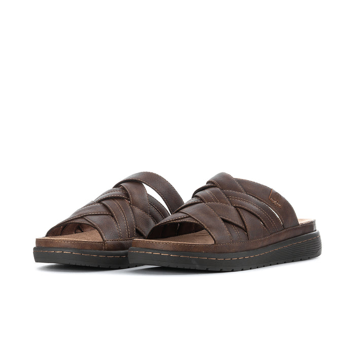 Dark brown men's leather slide sandals with quilted straps and rubber sole
