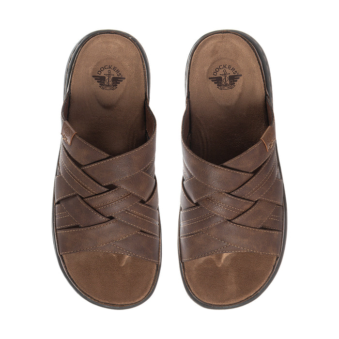 Dark brown men's slide sandals with Dockers logo footbed and cross straps