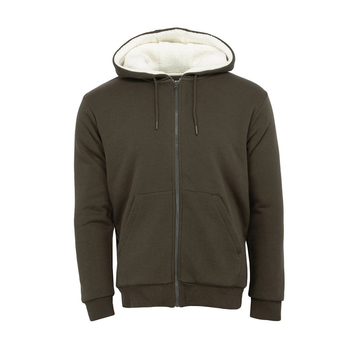 Men's olive sherpa-lined full-zip hoodie with drawstring hood