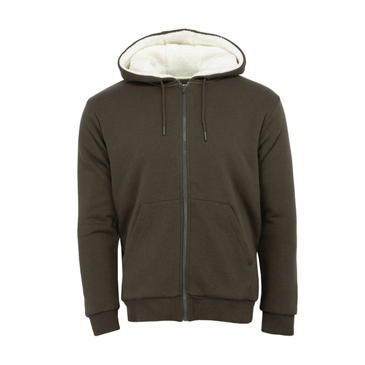 Men's olive sherpa-lined full-zip hoodie with drawstring hood