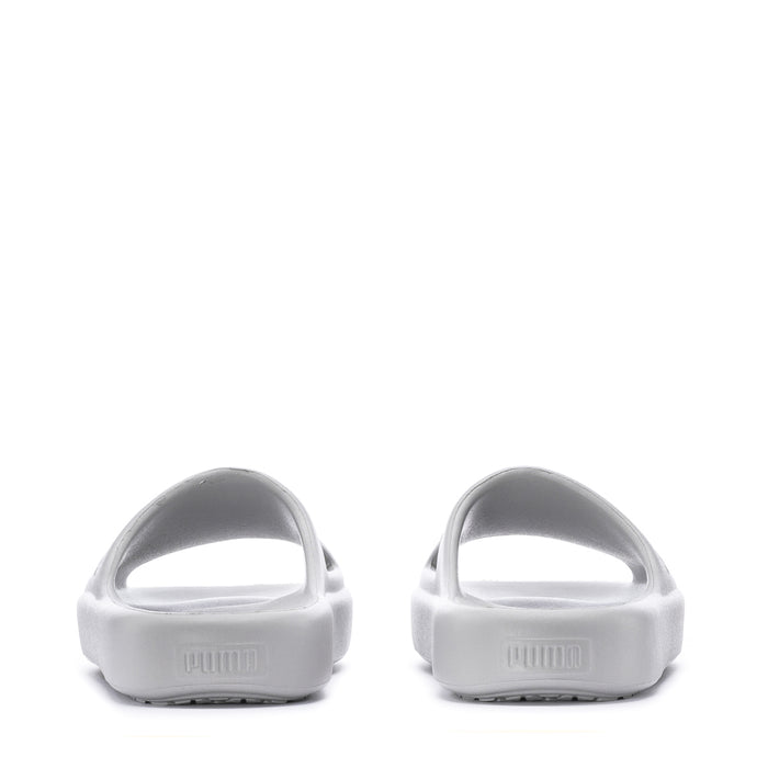 Youth slide sandals in light gray, heel view with cushioned footbeds.