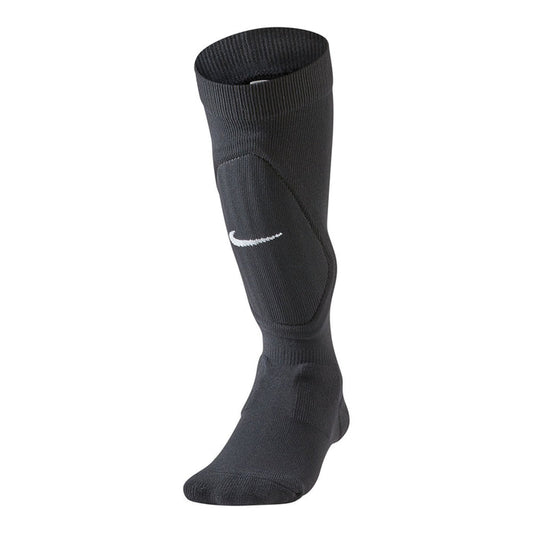 Black shin guard sock with cushioned shin pad and white logo
