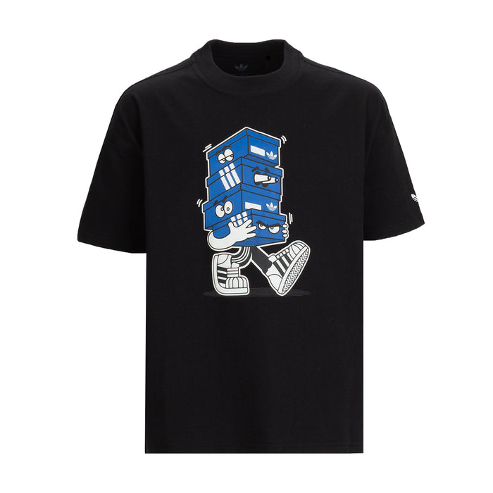 Youth black T-shirt with blue shoe mascot graphic on chest.