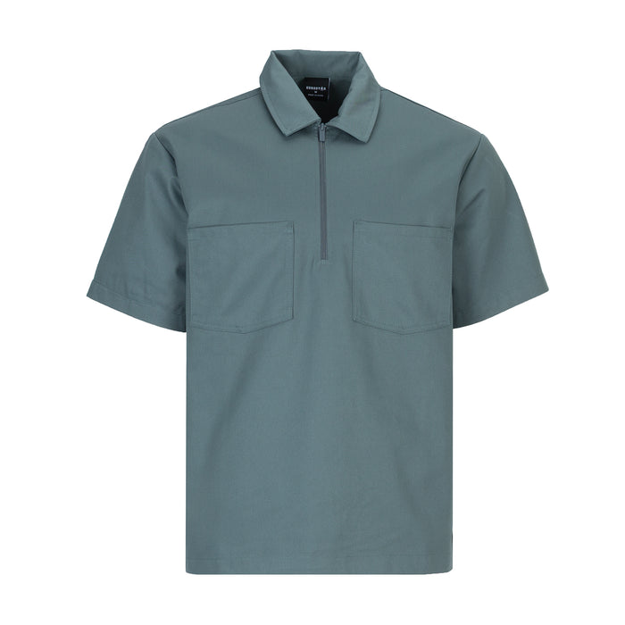 Men's short sleeve work shirt, basalt blue half-zip collar, two chest pockets