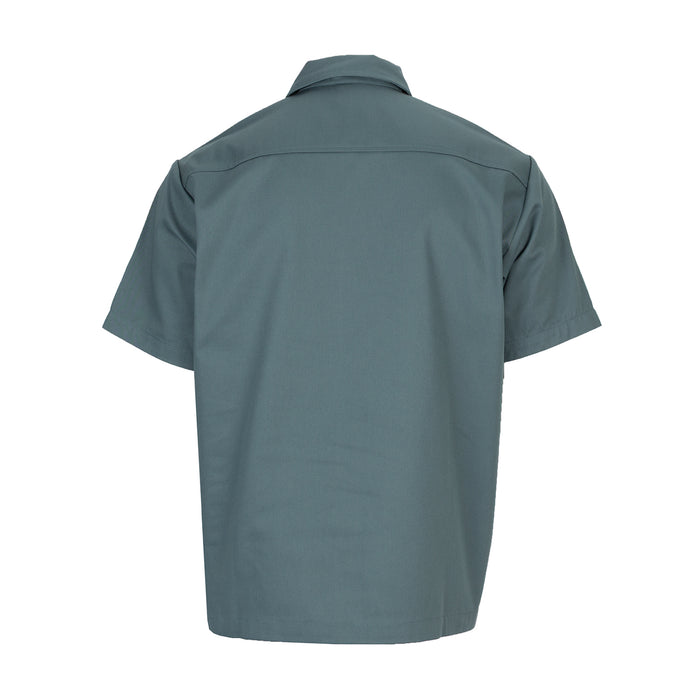 Men's short sleeve work shirt, basalt blue, back view with yoke and vent