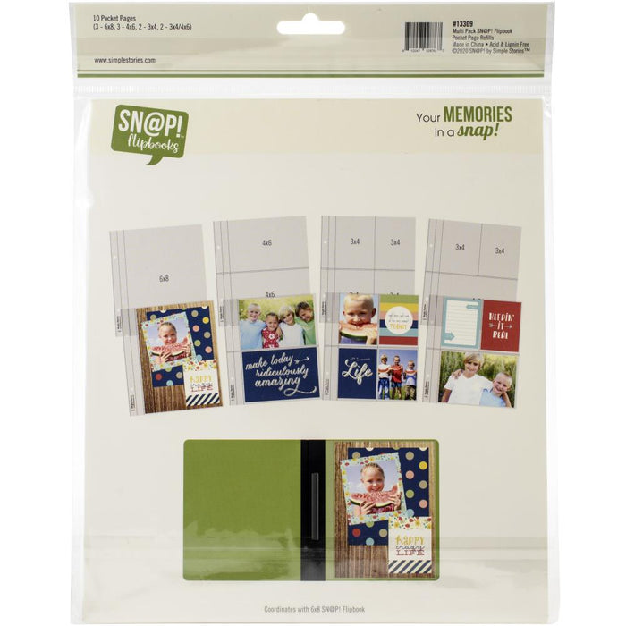 Simple Stories - Sn@p! Pocket Pages For 6"X8" Flipbooks - 10/Pkg - Multi Pack. A snappy way to capture your colorful life! Simply add your own photos, mementos and memories to capture your colorful, one-of-a- kind life in a snap! This package contains ten 6x8 inch pocket pages with assorted pocket sizes. Acid and lignin free. Imported. Available at Embellish Away located in Bowmanville Ontario Canada.