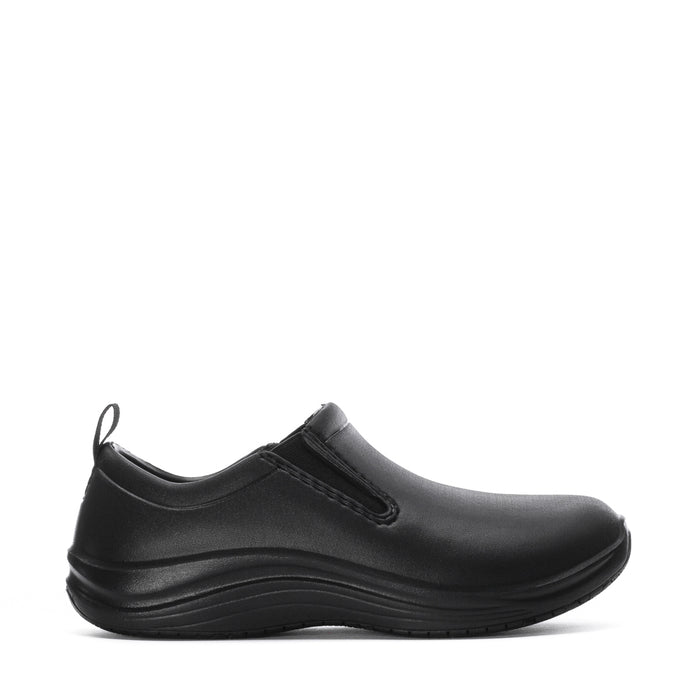 Black men's slip-on shoes with smooth upper and stitched side seam