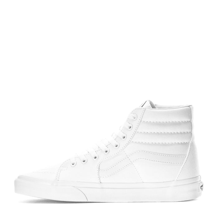 Vans Sk8-Hi men's white high-top sneakers, side profile with stitched overlays