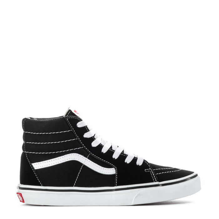 Youth black high-top sneakers with white laces, white side stripe, and rubber sole