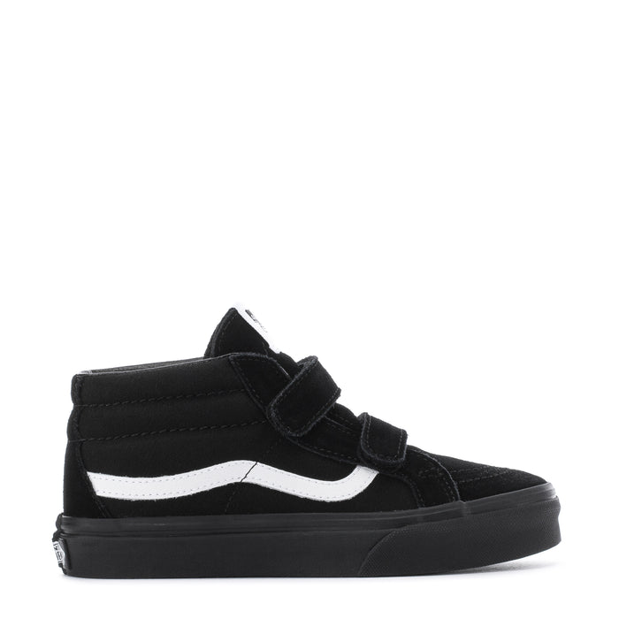 Kids' black mid-top skate shoes with double hook-and-loop straps and white side stripe