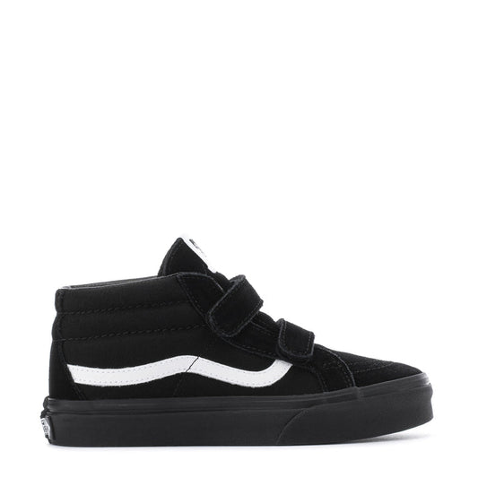 Kids' black mid-top skate shoes with double hook-and-loop straps and white side stripe