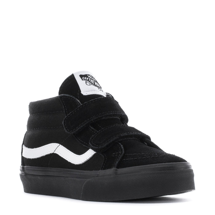 Kids' black mid-top skate shoe with double straps, white side stripe, and logo tongue patch