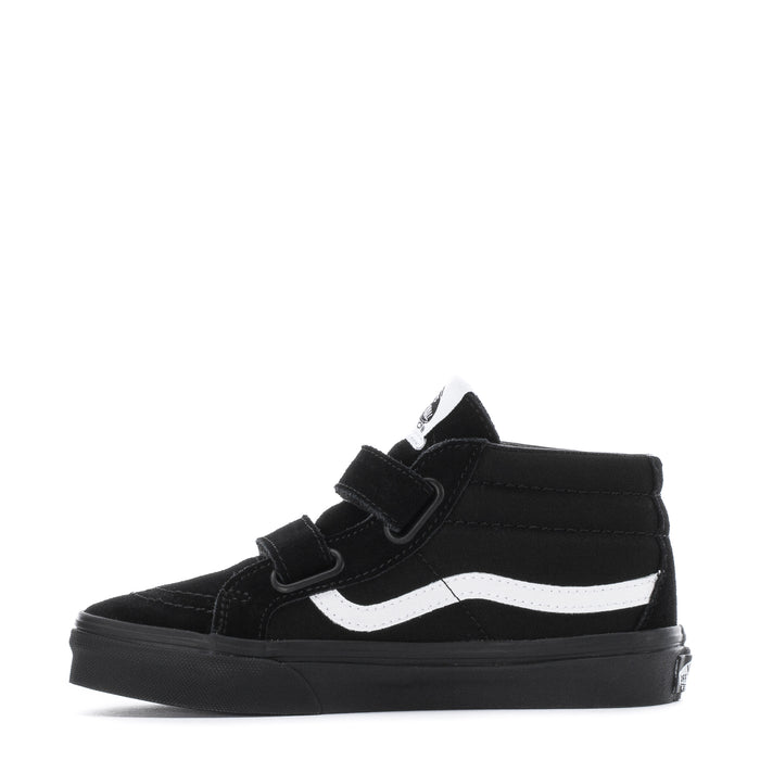 Kids' black mid-top skate shoe with white side stripe and hook-and-loop closure
