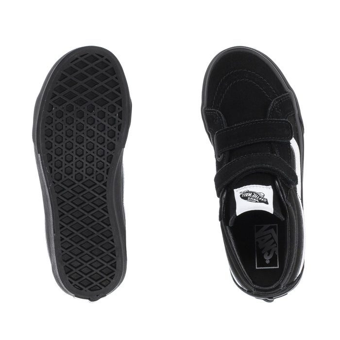 Kids' black skate shoes with textured rubber outsole and strap detail with Vans logo