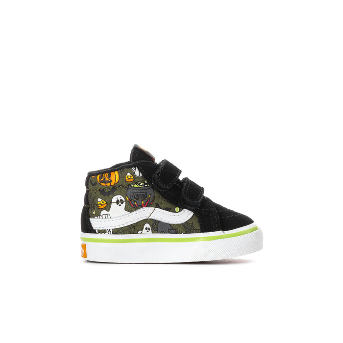 Toddler black high-top sneakers with two Velcro straps and Halloween cartoon graphics