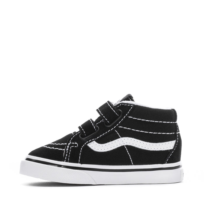Black and white toddler mid-top sneakers with hook-and-loop straps and white piping