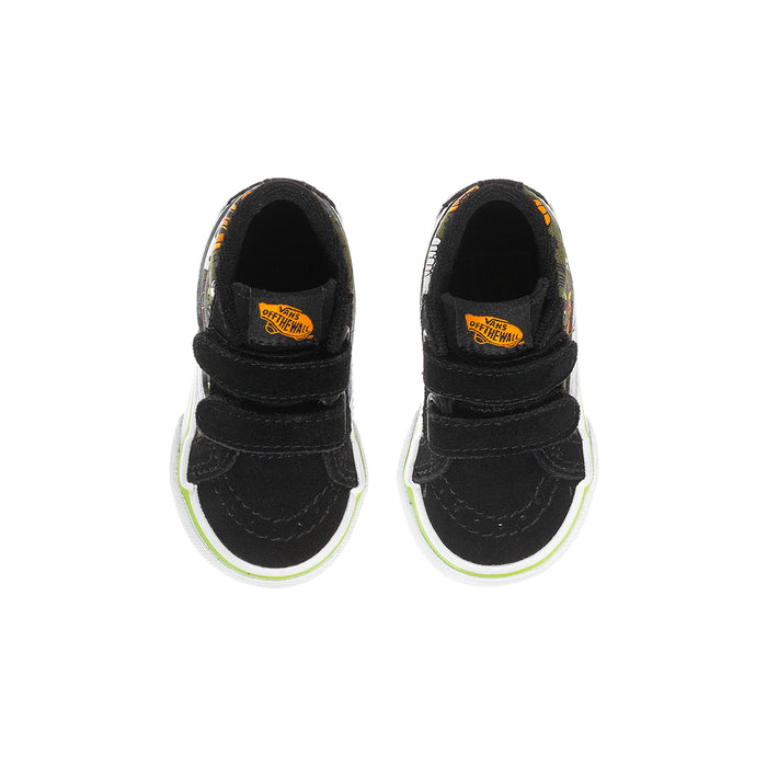Toddler black high-top sneakers with interior lining visible and Velcro strap closure