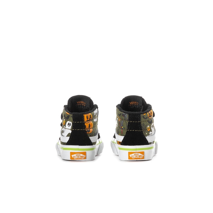 Toddler black high-top sneakers, back view with Halloween monster print and white outsole