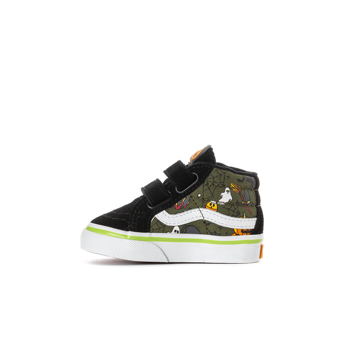 Toddler black high-top sneakers with camo panels, monster graphics, Velcro strap