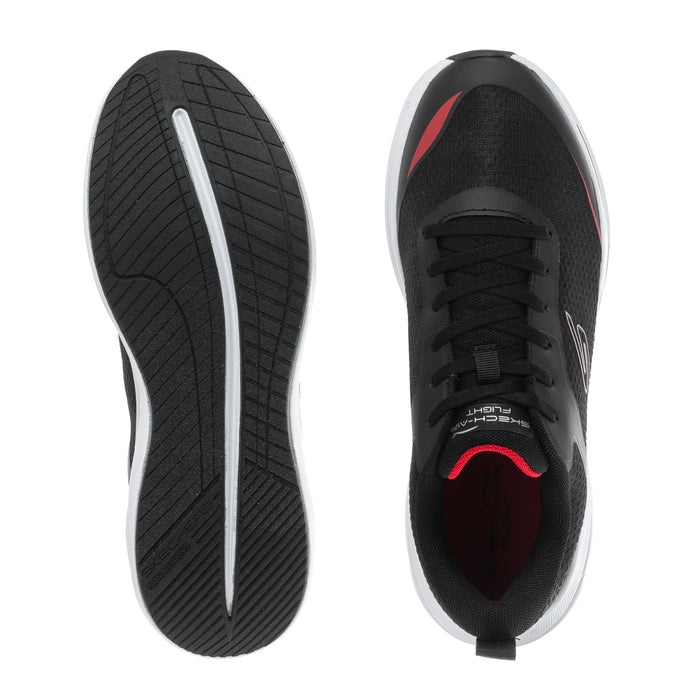 Youth sneaker outsoles and heel view, black rubber tread with red accent trim