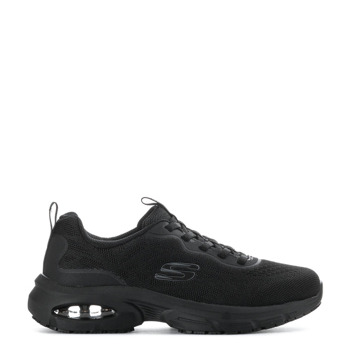 Black women's lace-up athletic sneaker with mesh upper and air-cushioned sole