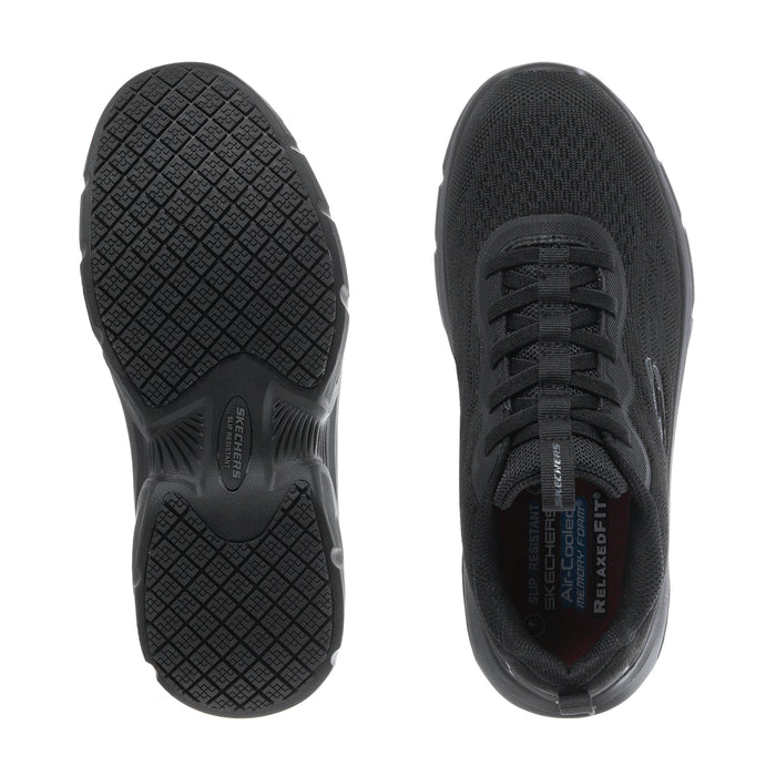 Black women's athletic sneaker outsole tread and lace-up upper side view