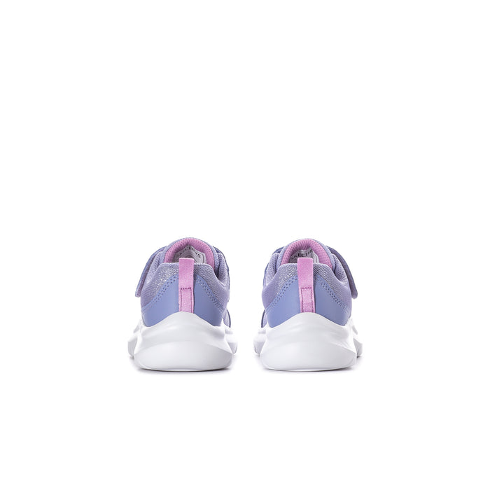 Back view of lavender toddler sneakers with pink heel loop and cushioned white sole