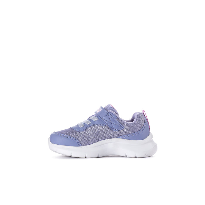 Lavender and white toddler sneakers with strap closure and glossy S logo
