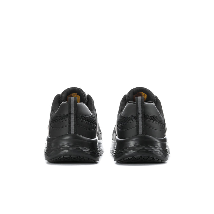Pair of black sneakers from heel view, showing padded back and rear tread edge