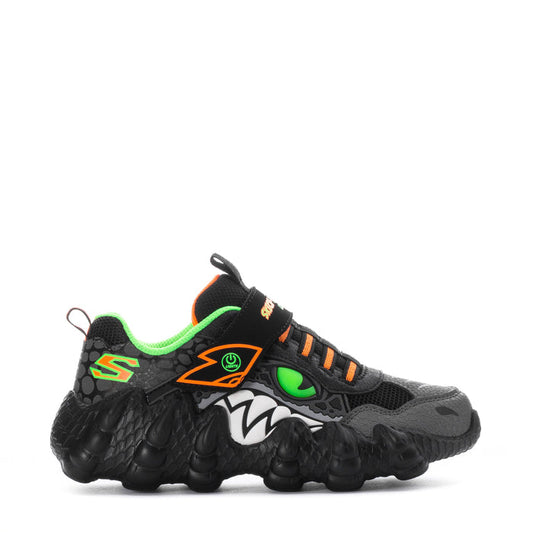 Kids black sneakers with lime green trim, orange laces, and dinosaur graphic