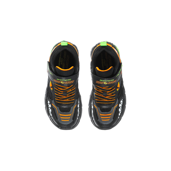 Kids' black lace-up sneakers with orange stripes and green heel pull tab
