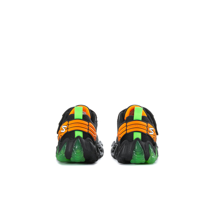Back view of kids' black sneakers with orange stripe detailing and green heel accents