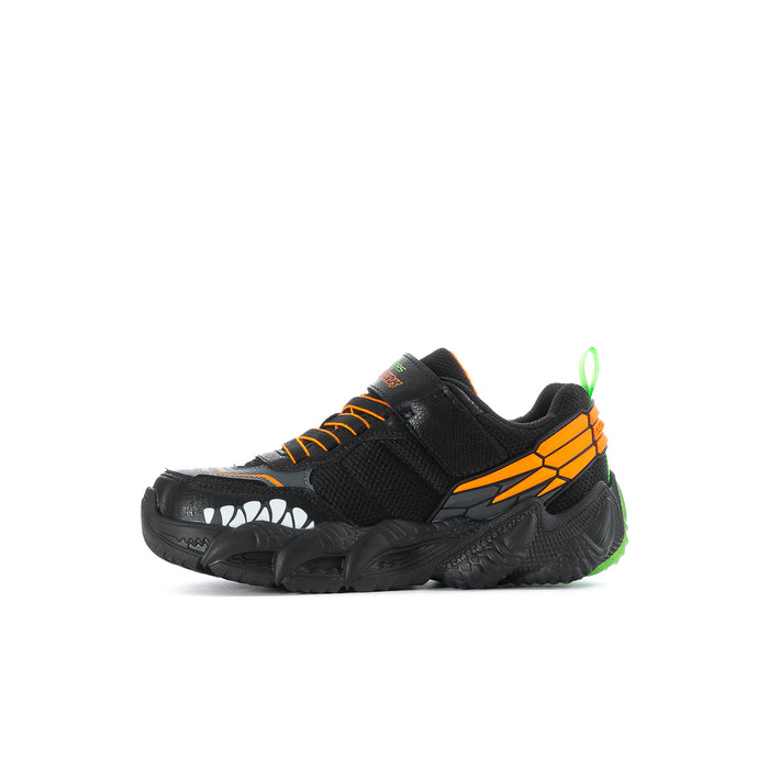 Kids' black sneaker side view with orange laces, dinosaur-tooth graphic detail