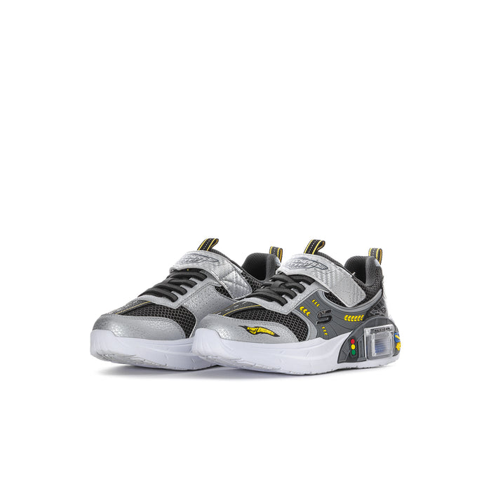 Kids black, gray, and white sneakers with textured knit panels and light-up detail.