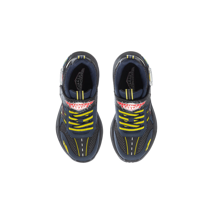 Kids Skechers sneaker pair showing padded collar, yellow laces, and mesh upper
