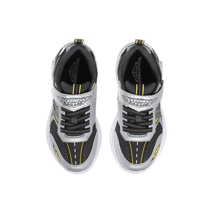Kids black and gray sneakers with white trim, cushioned collar, and logo patch.