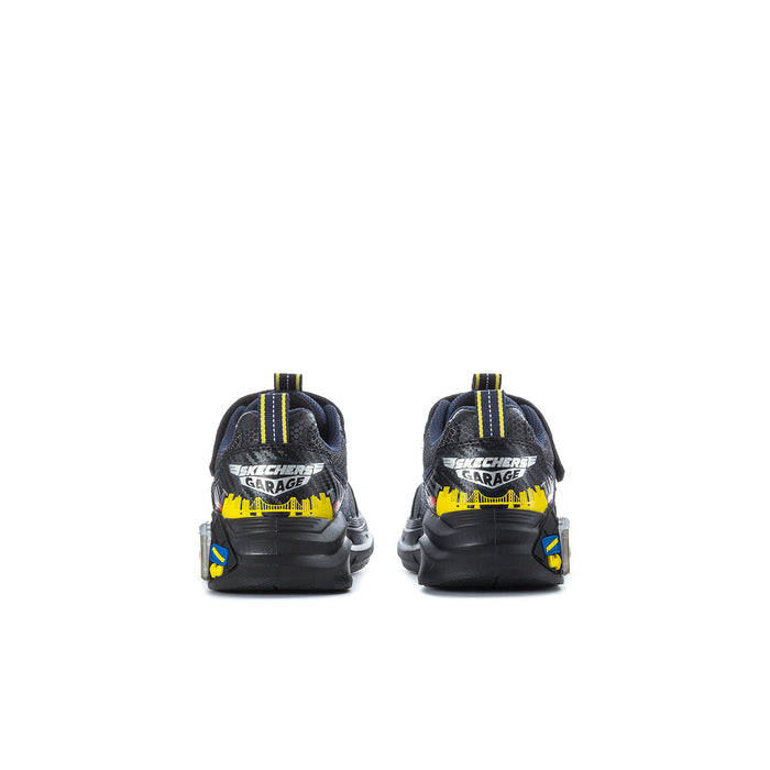 Kids Skechers sneaker backs with dark heel, yellow details, and pull-tab at top