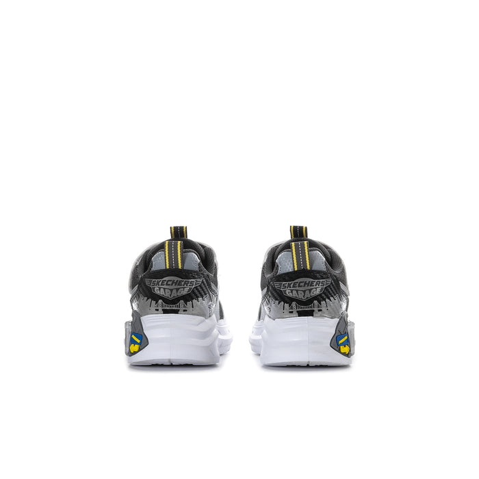 Kids black and gray sneakers with heel pull tab and yellow-and-blue heel accents.