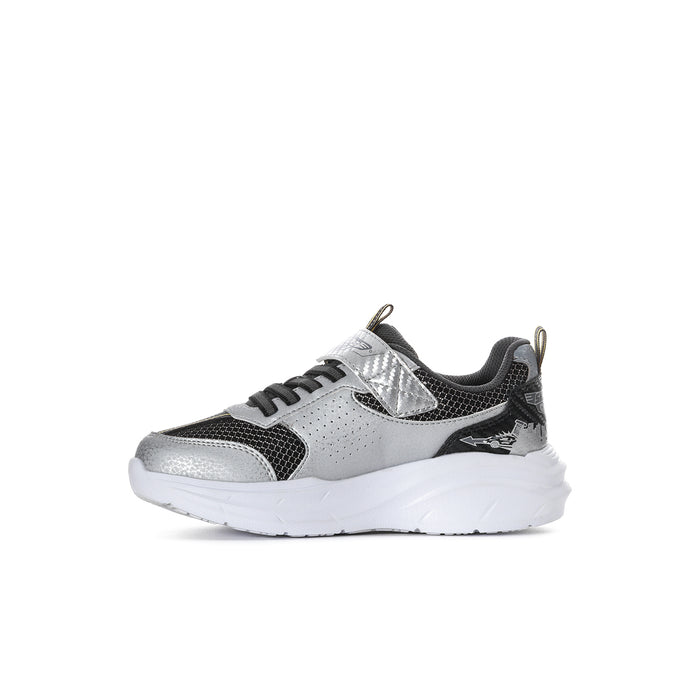 Kids black and silver sneakers with perforated toe, laces, and white midsole.