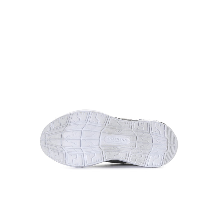 Kids white rubber outsole with traction tread and Skechers logo.