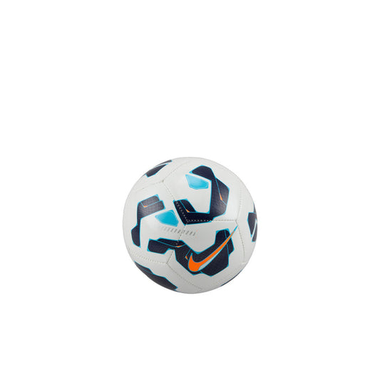 Mini soccer ball, white with blue geometric panels and orange accent