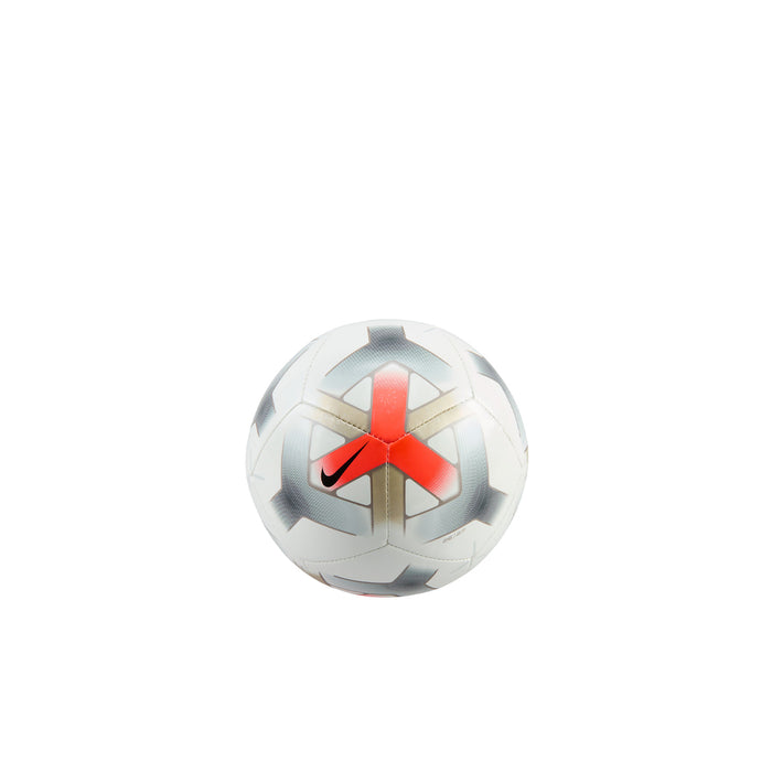 Mini soccer ball in white with bright red cross panel and gray graphic accents