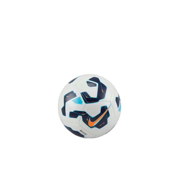 Mini soccer ball with blue, dark accents, and orange graphic on white surface