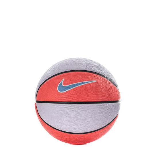 Mini basketball with orange-red and light gray panels, black trim, Nike swoosh.