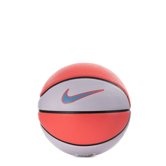 Mini basketball with orange-red bottom, light gray top, black edging, Nike swoosh.