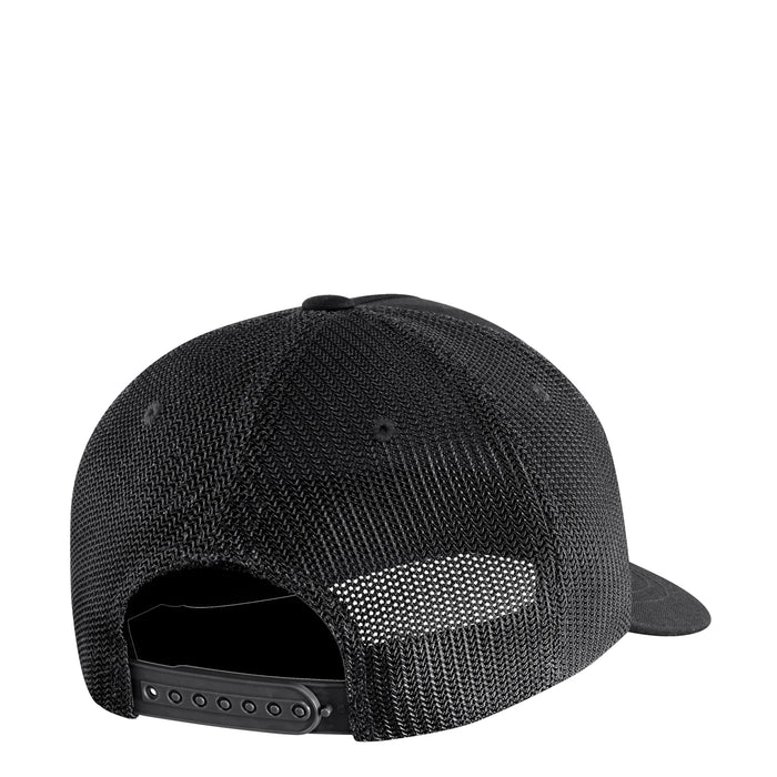 Black trucker cap with mesh back and adjustable metal snap strap