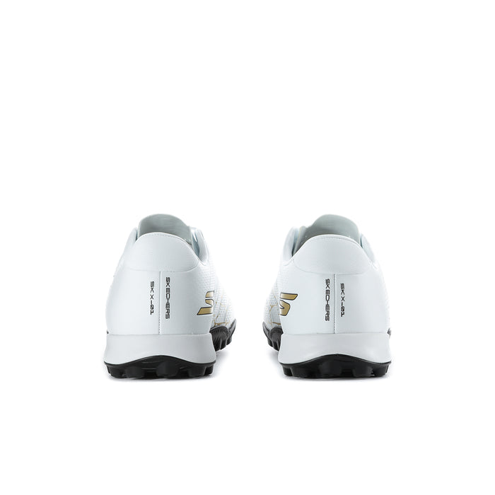 Men’s white soccer cleats, rear view, gold logo accents and molded sole